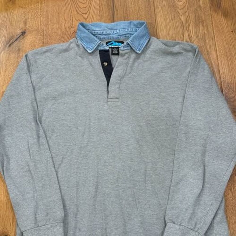 Vintage Tri-Mountain Denim Collar Rugby Polo Shirt Gray Long Sleeve Men's XL